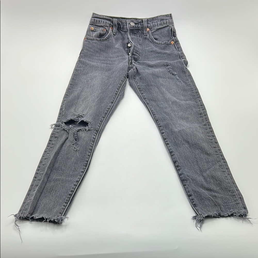 Levi's 501 Distressed Skinny Jeans Women's 23 Gray Cotton Button Up Light Fade